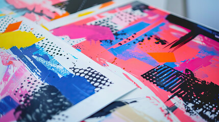 Abstract retro risograph print travel posters in a stacked pile, modern, isolated, clear and simple. Artistic, stylistic, screen printing, stencil digital duplication