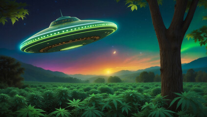 Fototapeta premium A UFO lands on a hemp plantation at night
