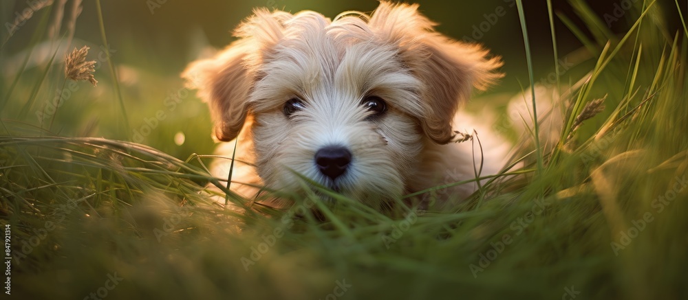 Poster portrait of a small puppy in the grass in nature. creative banner. copyspace image