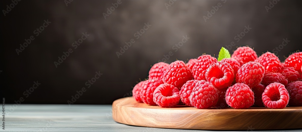 Aufkleber ripe raspberry berries on a gray background in a wooden plate. creative banner. copyspace image