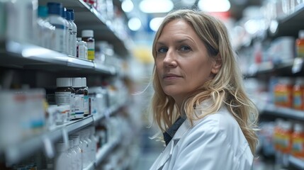 Pharmacist at work. She is looking thoughtfully at the camera.