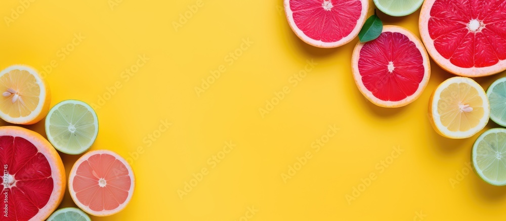 Poster Colorful fruit pattern of fresh lemon and lemon slices on colored background Lemon slices top view flat lay. Creative banner. Copyspace image