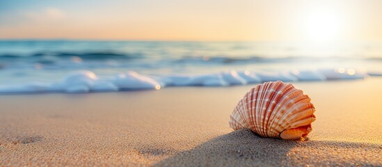 Shell on sandy beach. Creative banner. Copyspace image