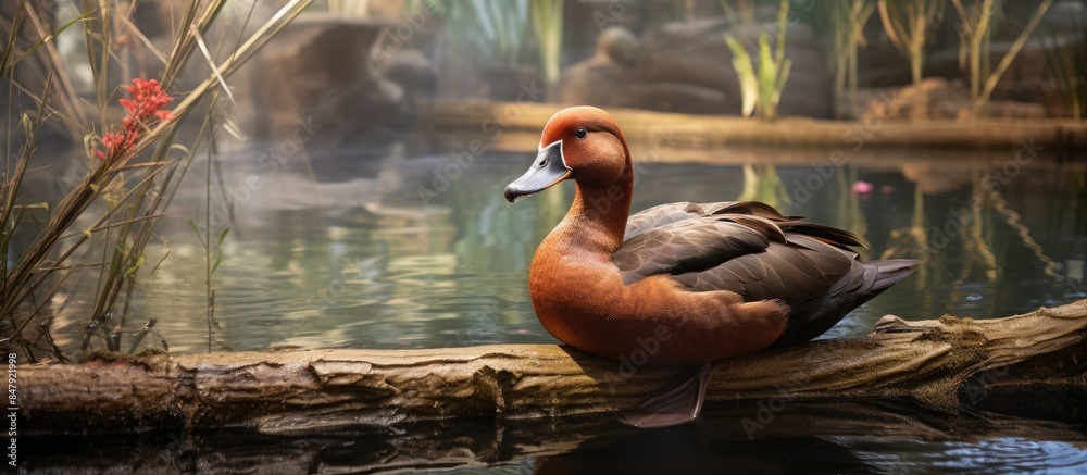 Poster Ferruginous Duck Aythya nyroca drake in zoo. Creative banner. Copyspace image