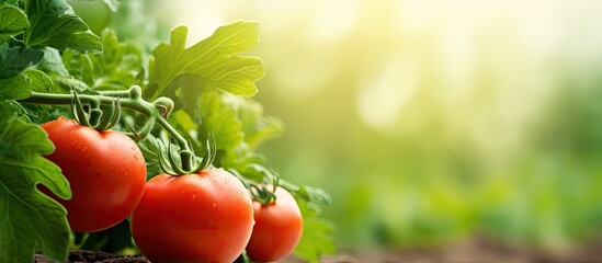 sweet tomato with leaft backgroud. Creative banner. Copyspace image