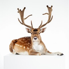 Obraz premium A deer with large antlers lies down on a white platform