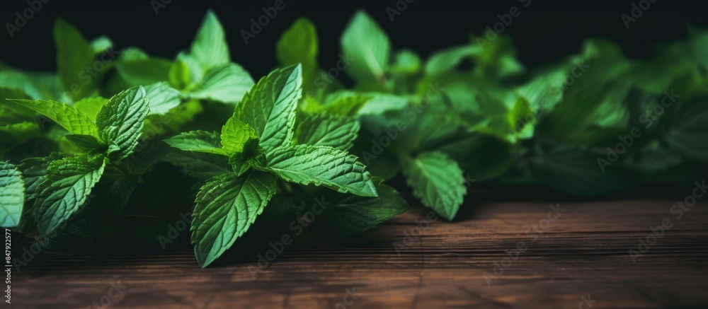 Poster mint on a dark wood background toning selective focus to the middle leaves of mint. creative banner.