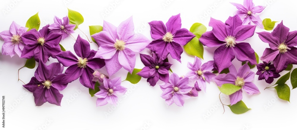 Poster flower purple clematis isolated on white background floral pattern object flat lay top view. creativ