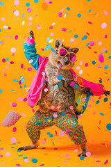 Quokkas in Funky Outfits on Bright Background - Birthday Invite Banner. Creative animal concept. Group of quokka in funky Wacky wild mismatch colourful outfits on bright background advertisement.