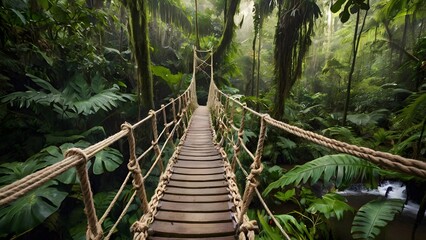 A whimsical rope bridge suspended high above a lush rainforest canopy.