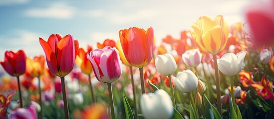 Tulip fields Colorful flowers Nature concept background. Creative banner. Copyspace image