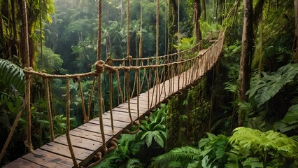 A whimsical rope bridge suspended high above a lush rainforest canopy.