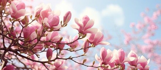 Obraz premium beautiful pink magnolia flowers. Creative banner. Copyspace image