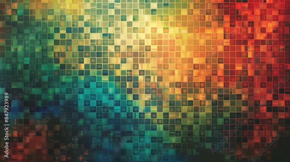 Poster an abstract background with a grid of colorful squares, creating a pixelated effect.