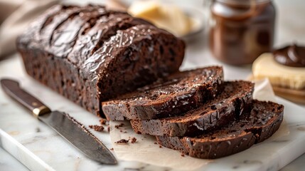 Sliced chocolate sourdough bread on a marble board, accompanied by a butter knife and a jar of chocolate
