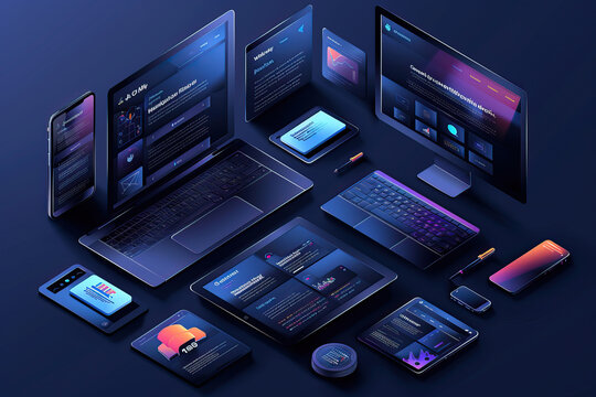 Web design isometric concept. Website development of all platforms. Optimization layout website on laptop, phone, tablet. Creation layout responsive Internet page. AI generated