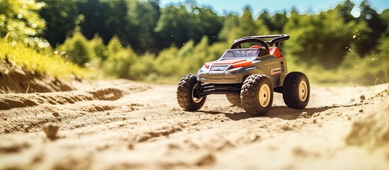 A small sports buggy with a child driving on a rally competition track during weekend training on a warm summer day. Creative banner. Copyspace image