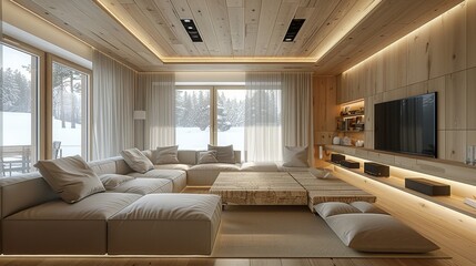 Fototapeta premium The design of the minimalist log style living room features a floating ceiling with a slightly sunken central section that creates a floating effect all around. Generative AI.