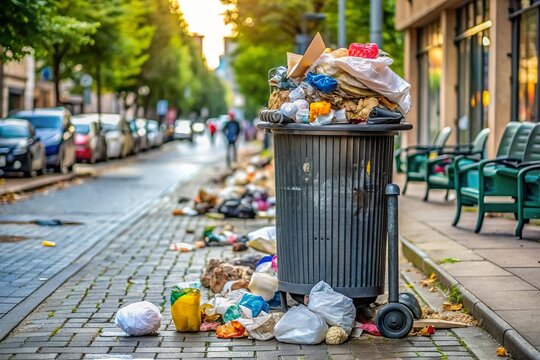 overflowing full trash bin on city street. Urban garbage pollution