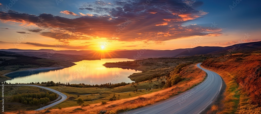 Poster a scenic landscape of a cloudy sunset with a winding road running alongside an expanse of tranquil w