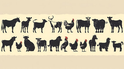 Silhouette farm animals collection on beige background various livestock illustrations cows goats chickens roosters sheep rustic animal figures vintage rural theme countryside decor.


