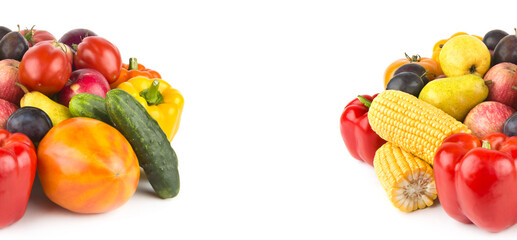 Collection fruits and vegetables isolated on a white. Collage. Free space for text. Wide photo.