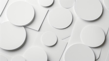 Collection of white paper stickers on white backdrop Circular square and rectangular shapes Graphic representation