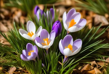 A field of purple crocus flowers with green grass in the background