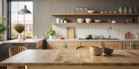 Selective focus on wooden kitchen island. empty dining table with copy space for display products. clean countertop for cooking healthy food against blurred furniture with grey facade in modern style
