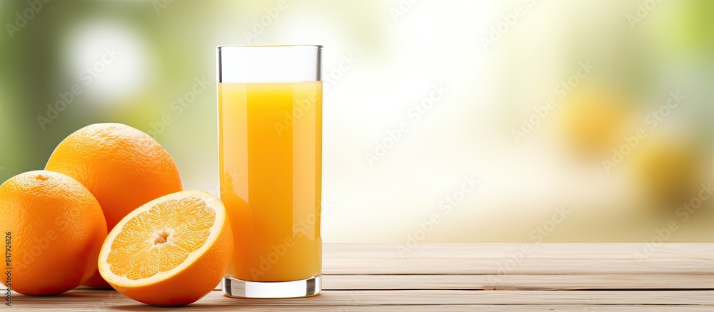 Poster oranges and fresh squeezed orange juice close up on light wooden background. creative banner. copysp