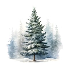 Obraz premium Snowy Spruce Tree Watercolor in Wintery Cool Tones on White Background