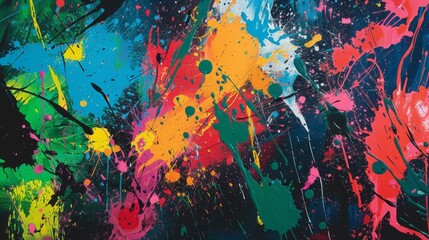 An abstract background with splattered paint effects in various vibrant colors.