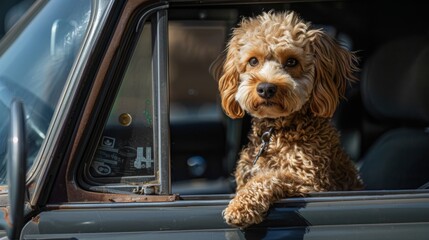 An adorable dog sitting in a car with its head out the window, enjoying the breeze.