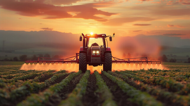 Agriculture industry production and food supply, irrigation tractor driving spraying or harvesting at farmland. Generative AI.