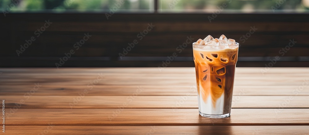 Poster ice latte coffee on the table wood. creative banner. copyspace image