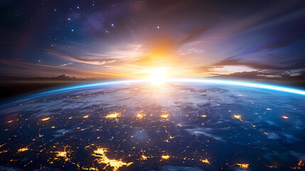 Panoramic view on planet Earth globe from space. Glowing city lights, light clouds.