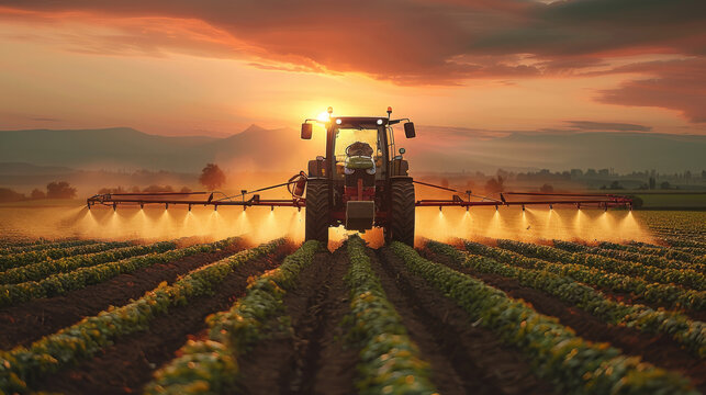 Agriculture industry production and food supply, irrigation tractor driving spraying or harvesting at farmland. Generative AI.