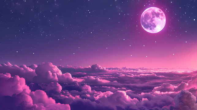 Purple gradient mystical moonlight sky with clouds and stars phone background wallpaper