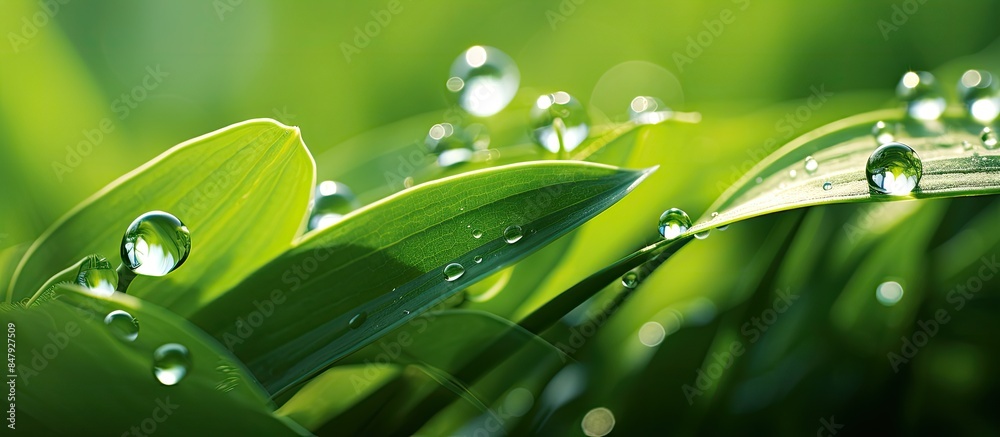Poster fresh green grass with dew drops close up green grass background drop of dew in morning on leaf natu