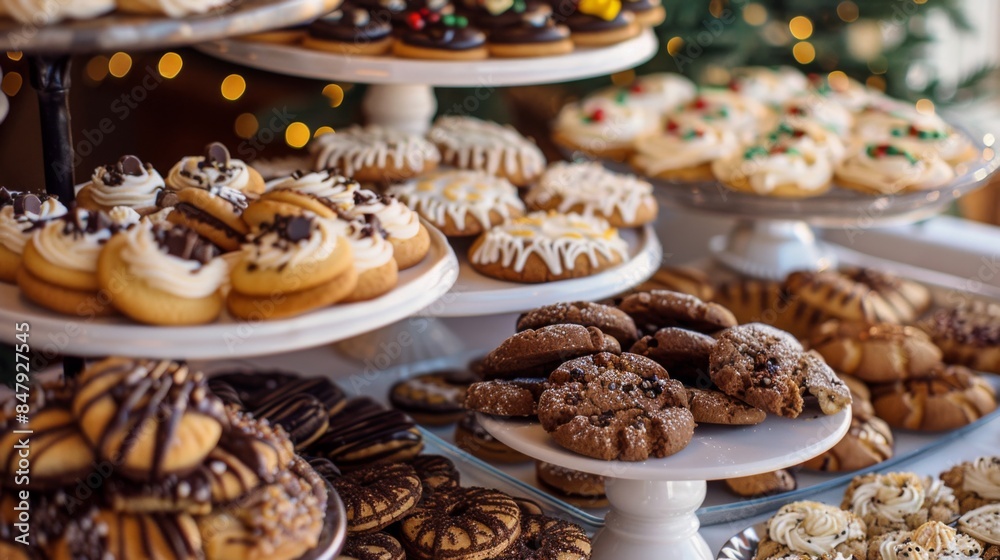Poster An assortment of gourmet cookies with different flavors and toppings on a dessert table.