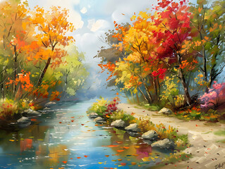 landscape with river and trees in Oil color painting. Generative AI.