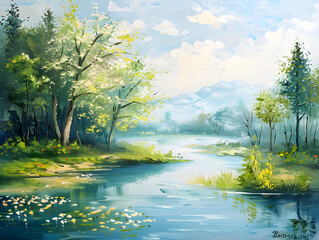landscape with river and trees in Oil color painting. Generative AI.