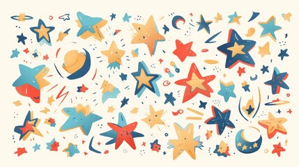 Obraz premium Illustration of star icons crafted with crayon and pastel strokes capturing a doodle and sketch aesthetic Presented in a flat 2d style against a clean white backdrop