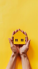 Person holding small yellow model house in hands on yellow background