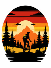 Vector t-shirt design black silhouette hiking bike vintage retro sunshine isolated on white background conceptual art vibrant painting illustration