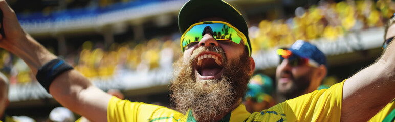 Photo of a bearded Australian cricket fan cheering loudly in the stadium, excitement and passion for the game