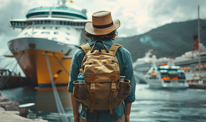 Naklejka premium Young woman tourist wearing hat and backpack