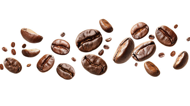 Roasted coffee beans falling in mid-air, isolated on a black background. Perfect for coffee related advertising or editorial use.