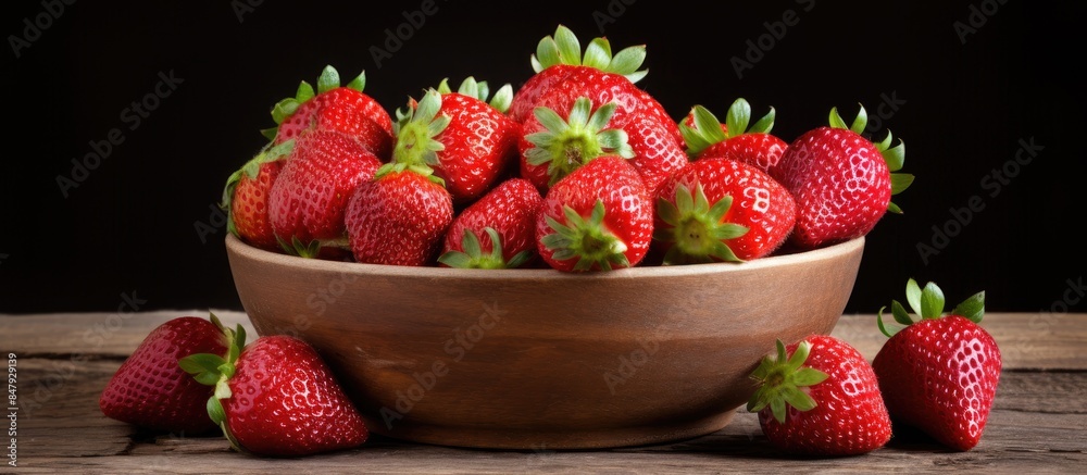 Wall mural Bowl with fresh strawberries on a old wooden table. Creative banner. Copyspace image - Wall murals