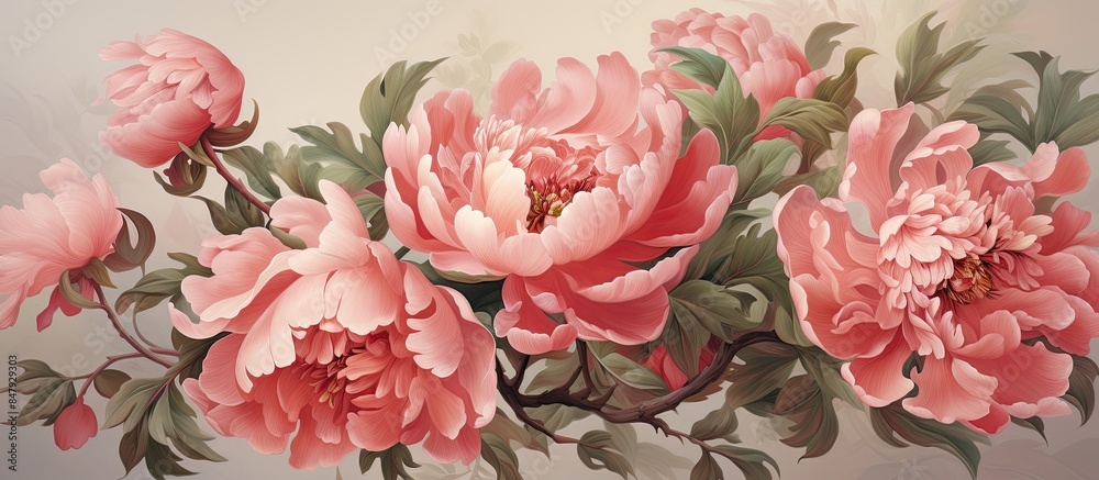 Poster spring sprouted peony branches. creative banner. copyspace image